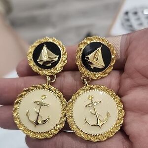 Gold Tone Nautical Anchor Drop Earrings
